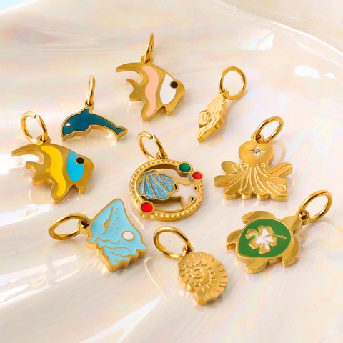 Stainless Steel Ocean Series Marine Life Pendants Enamel Gold Shell Sea Star Charms For DIY Necklace Bracelet Making Women Jewelry