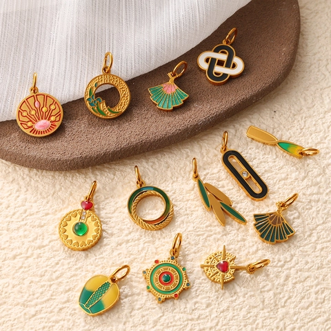 Vintage Stainless Steel Geometric Pendants Colorful Enamel Dripping Oil Ethnic Totem Floral Fan Pendant For DIY Jewelry Making Accessories Women