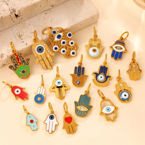Vintage Edelstahl Hand Der Fatima Böser Blick Anhänger Für Schmuckherstellung Gold Emaille Strass DIY Charms Zubehör