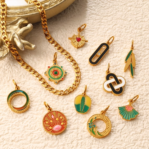Vintage Stainless Steel Geometric Pendants Colorful Enamel Dripping Oil Ethnic Totem Floral Fan Pendant For DIY Jewelry Making Accessories Women