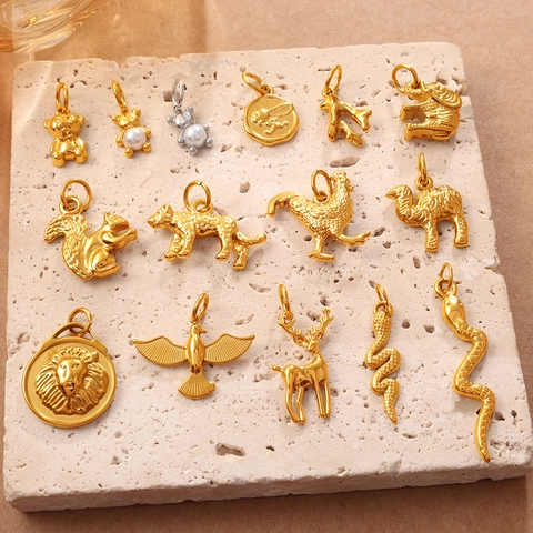 Stainless Steel Animal Shape Pendants For DIY Jewelry Making Gold Silver Bear Snake Elephant Charms With Artificial Pearl