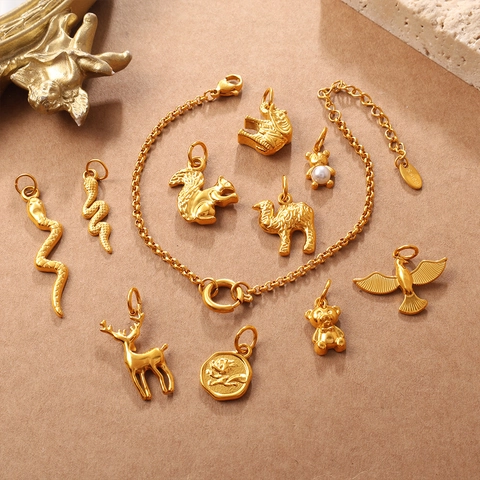 Stainless Steel Animal Shape Pendants For DIY Jewelry Making Gold Silver Bear Snake Elephant Charms With Artificial Pearl
