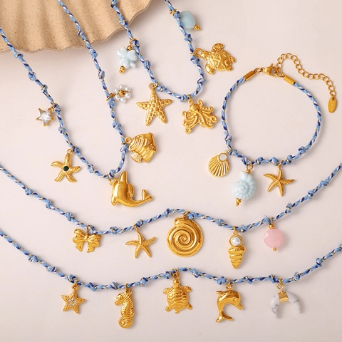 Ozean Thema Edelstahl Geflochtenes Seil Schmuckset Gold Seestern Delphin Schildkröte Anhänger Halskette Armband Für Damen Sommer Strand Geschenk