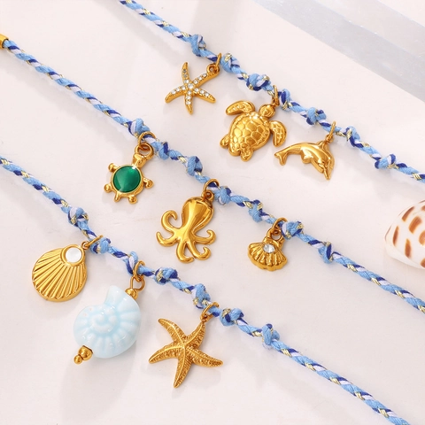 Ozean Thema Edelstahl Geflochtenes Seil Schmuckset Gold Seestern Delphin Schildkröte Anhänger Halskette Armband Für Damen Sommer Strand Geschenk