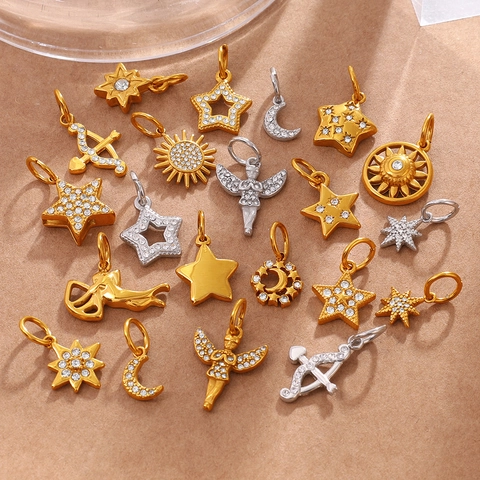 Stainless Steel Star Moon Angel Sun Arrow Pendants For DIY Jewelry Making Gold Silver Plated Rhinestone Charms Accessories