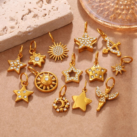 Stainless Steel Star Moon Angel Sun Arrow Pendants For DIY Jewelry Making Gold Silver Plated Rhinestone Charms Accessories