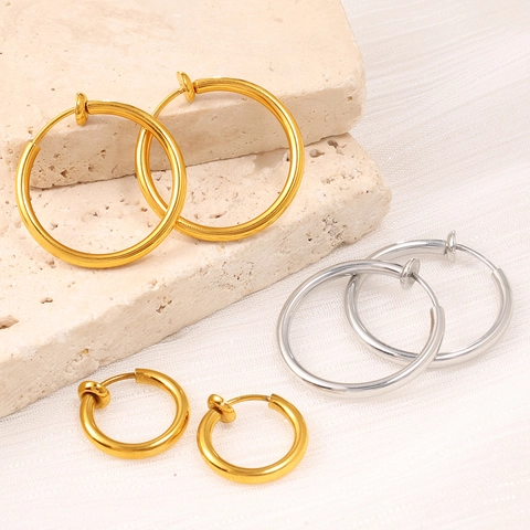 Vintage Edelstahl Creolen Für Damen Herren Ohne Durchstochene Ohren Federclip Geometrische Runde Kreis Ohrringe Gold Silber Minimalistischer Modeschmuck