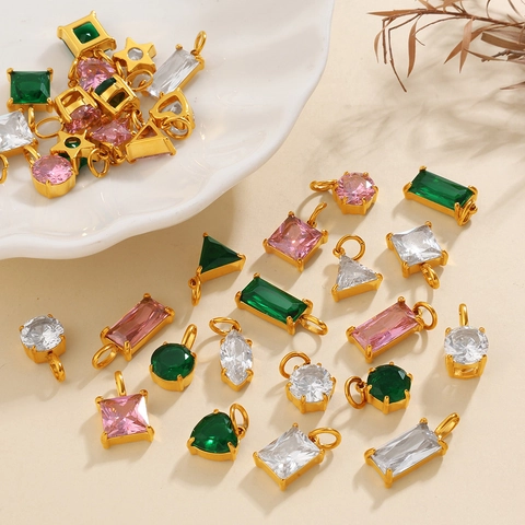 Stainless Steel Geometric Zircon Pendants Colorful Cubic Zirconia Heart Star Round Charms For DIY Jewelry Making Women Necklace