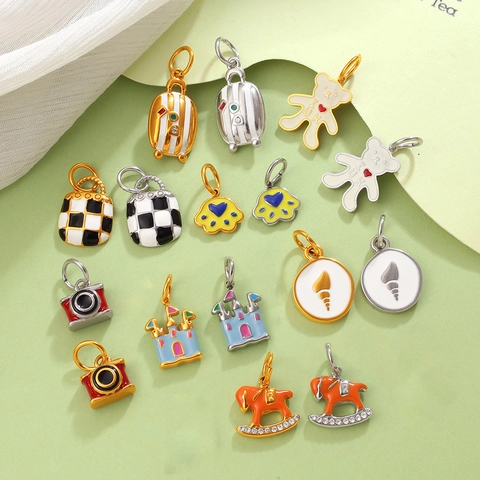 Stainless Steel Enamel Pendants For Jewelry Making DIY Castle Horse Camera Luggage Shape Cartoon Charms For Necklace Bracelet Women