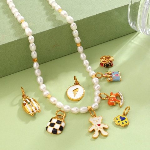 Stainless Steel Enamel Pendants For Jewelry Making DIY Castle Horse Camera Luggage Shape Cartoon Charms For Necklace Bracelet Women