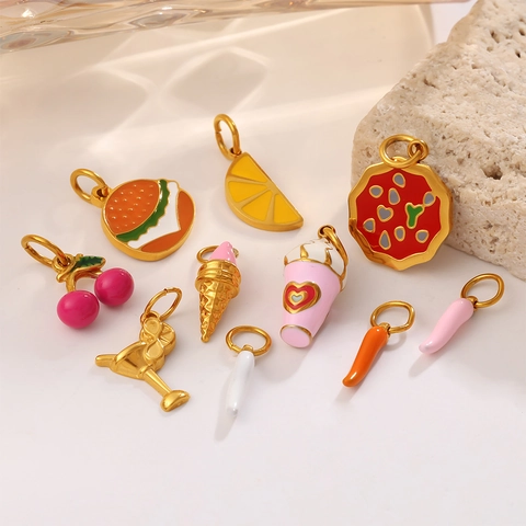 Pendentifs en Acier Inoxydable Émail Alimentaire Burger Pizza Glace Forme de Fruit DIY Pendentifs pour Collier Bracelet
