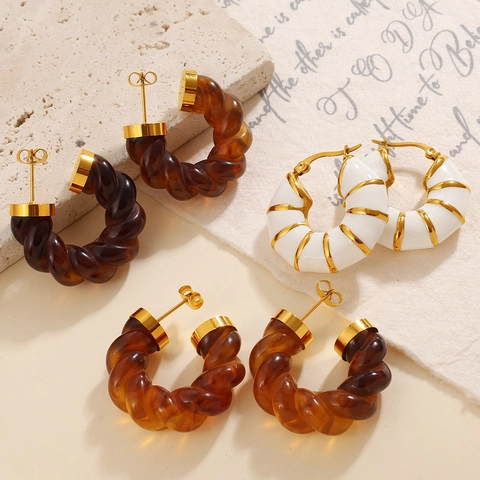 Vintage Roestvrij Staal Twist Hars Creolen Voor Dames U-Vormig Amber Wit Emaille Geometrische Mode Sieraden Oorbellen