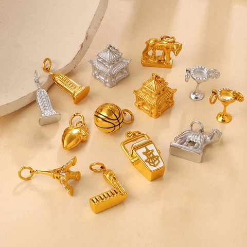 Stainless Steel Gold Silver Plated 3D Architecture Eiffel Tower Wolf Pavilion Heart Basketball Cocktail Glass Pendants For DIY Jewelry Making