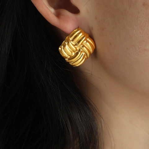 Boucles d'Oreilles en Acier Inoxydable Plaqué Or 18K Femmes Clous d'Oreilles Géométriques Tissés Coeur Coquille Strass Bijoux