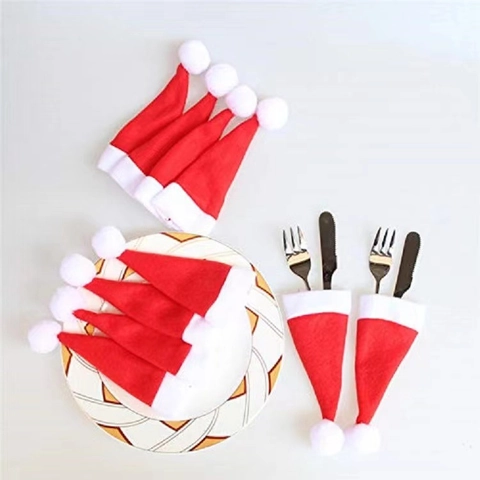 Mini Bonnet de Noël Porte-Couverts en Tissu Non Tissé Poche pour Couteau et Fourchette pour Décor de Table de Fête