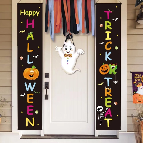 Set di Striscioni per Portico di Halloween Trick Or Treat Zucca Scheletro Banner Decorativi Sospesi per Decorazione Festa
