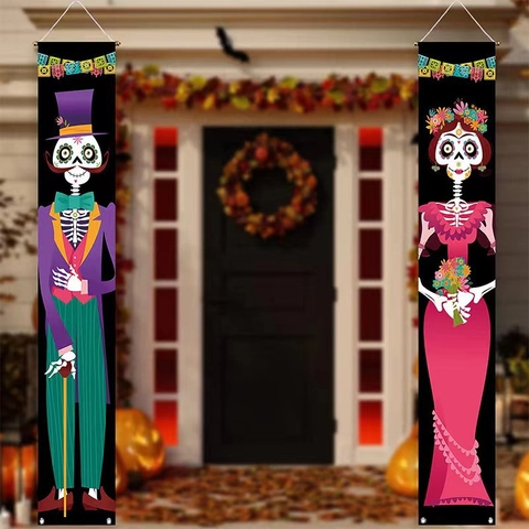 Set Striscioni per Portico Giorno Dei Morti Decorazione Porta Halloween Scheletro Messicano Bandiera Tradizionale Per Festa Casa