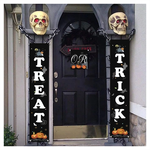 Halloween Porch Banner Outdoor Hanging Sign Decoration Trick Or Treat Boo Spooky Pumpkin Ghost Durable Polyester Banner