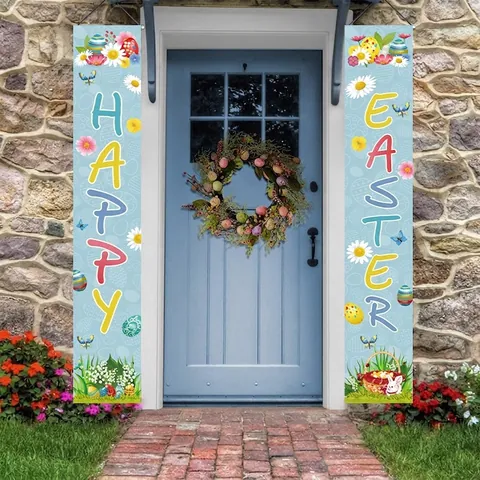 Ostern Porch Sign Banner Happy Easter Welcome Dekorative Tür Sprüche Mit Oxford Stoff Hasen Eier Muster Für Home Party Dekoration