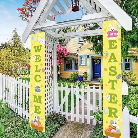 Ostern Porch Sign Banner Happy Easter Welcome Dekorative Tür Sprüche Mit Oxford Stoff Hasen Eier Muster Für Home Party Dekoration