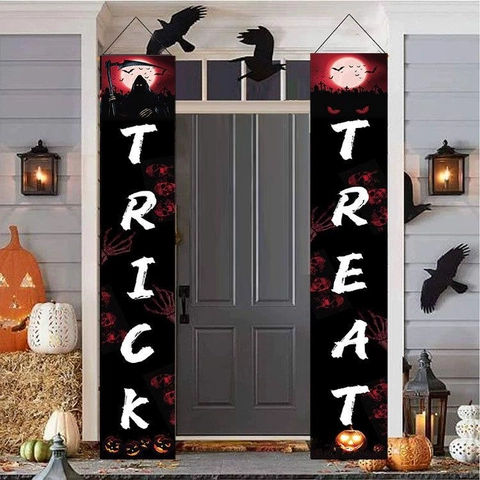 Banner per Porta Halloween Trick Or Treat Morte Spaventosa Pipistrello Luna Rossa Banner Appesi per Porta Esterni