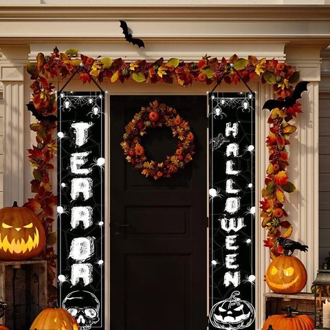 Halloween Porch Sign Banner Decoration Polyester Terror Halloween Couplet For Front Door Outdoor Party Decor Home Ornament