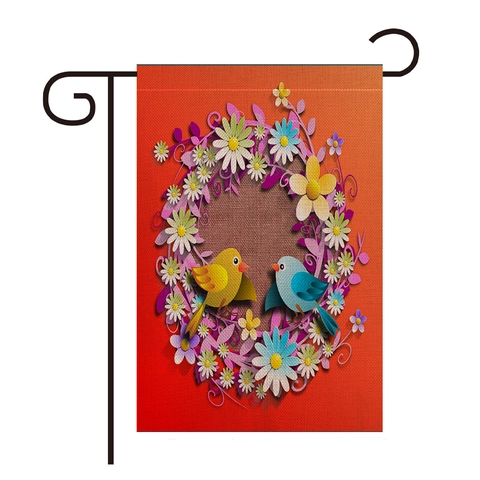 Drapeau de Jardin en Lin Double Face Avec Support Métallique Motif Fleurs Papillon Oiseau Décoration Extérieure Pelouse