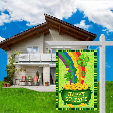 St. Patrick's Day Garden Flag Double Sided Polyester Burlap Texture Green Shamrock Rainbow Gold Pot Outdoor Yard Banner Decoration