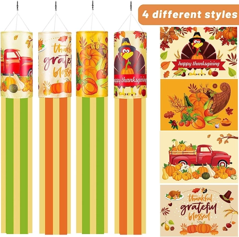 Thanksgiving Windsock Vlag Buiten Hangende Decoratie Polyester Kalkoen Pompoen Vrachtwagen Patroon Voor Oogst Herfst Feest Tuin Ornament