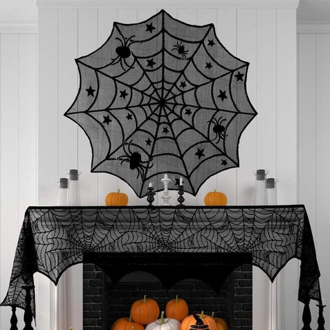 Tovaglia a Ragnatela in Pizzo Nero di Halloween Runner da Tavolo Zucca Teschio Pipistrello Sciarpa Camino Tenda Finestra