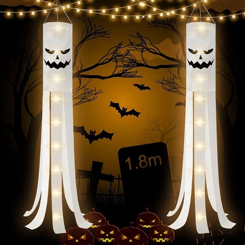 Manica a Vento a Fantasma di Halloween Con Luce LED Bandiera Appesa Bianca Per Giardino Esterno Modello Viso di Fantasma