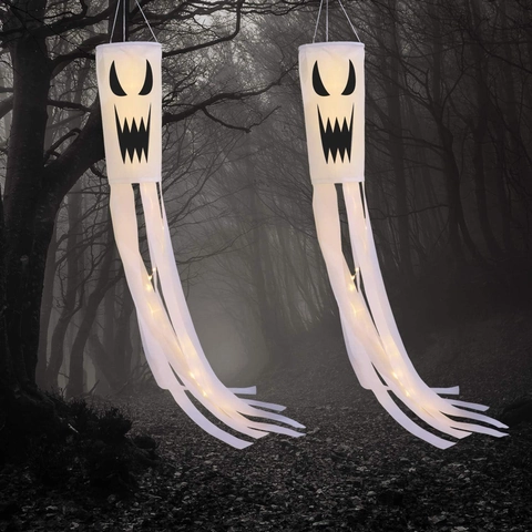 Decoración de Manga de Viento de Fantasma de Halloween Poliéster Impresión Digital Bandera de Fantasma Colgante para Jardín Exterior Fiesta Porche