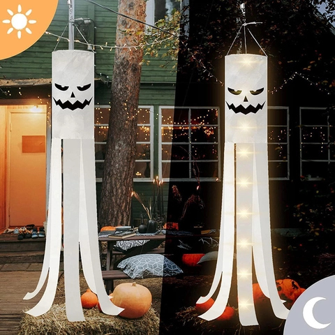 Manica a Vento a Fantasma di Halloween Con Luce LED Bandiera Appesa Bianca Per Giardino Esterno Modello Viso di Fantasma