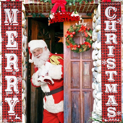 Insegna per Portico Buon Natale Banner per Porta Sospeso Plaid di Buffalo Poliestere Segnale di Benvenuto per Casa Esterno Decorazione