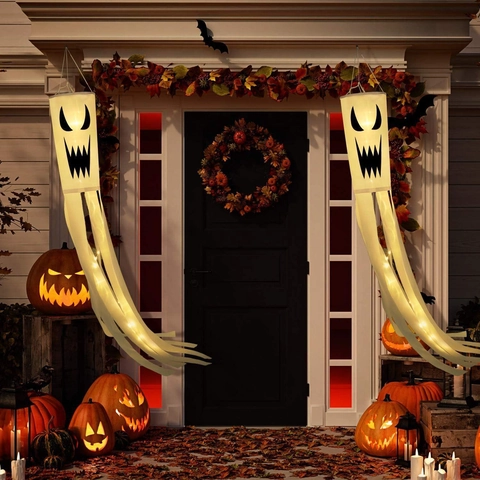 Decoración de Manga de Viento de Fantasma de Halloween Poliéster Impresión Digital Bandera de Fantasma Colgante para Jardín Exterior Fiesta Porche