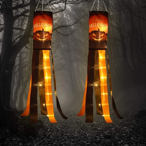 Manche À Air Citrouille D'Halloween Décoration De Jardin Extérieur Drapeau Suspendu En Poliestere Avec Longs Rubans Articles De Fête