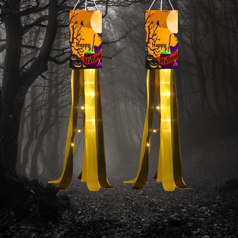 Halloween Windzak Buitendecoratie Heks Geest Pompoen Patroon Hangende Windrichting Tas Met LED Verlichting Polyester Feestbenodigdheden