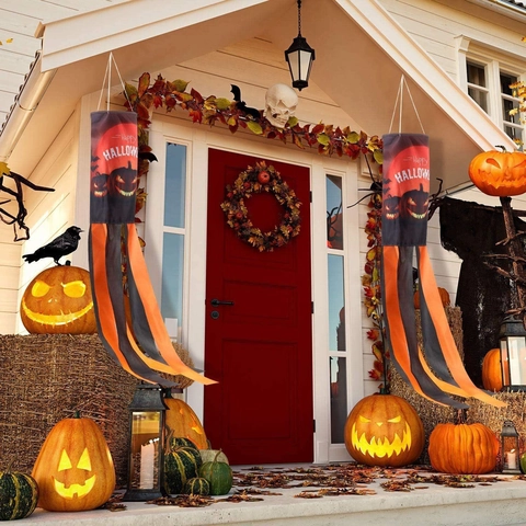Manche À Air Citrouille D'Halloween Décoration De Jardin Extérieur Drapeau Suspendu En Poliestere Avec Longs Rubans Articles De Fête