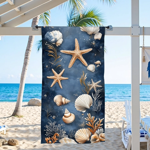 Ocean Theme Microfiber Beach Towel Blue Seaside Seashell Starfish Coral Digital Printed Absorbent Fast Drying Large Bath Towel For Swimming Travel