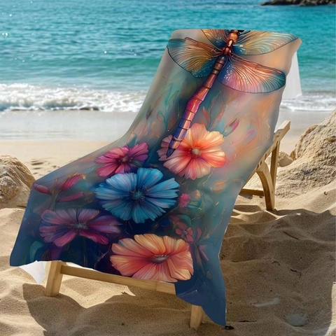 Microfiber Printed Beach Towel With Artistic Dragonfly And Floral Pattern Quick Dry Absorbent Large Bath Towel For Summer Vacation Travel
