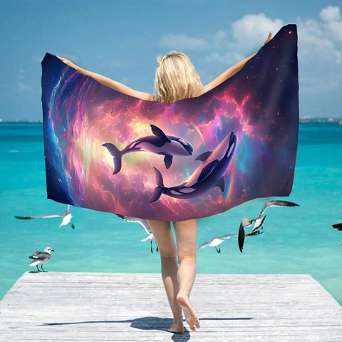 Dreamy Orca Galaxy Starry Sky Microfiber Beach Towel Quick Dry Sand Free Printed Bath Towel For Swimming Camping Travel