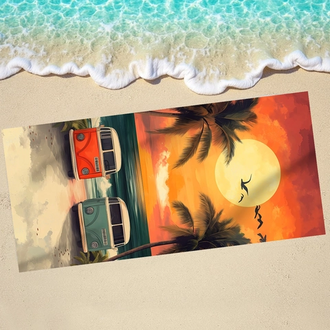 Microfiber Beach Towel Retro Sunset Palm Tree Vintage Van Printed Quick Dry Absorbent Sand Free Travel Bath Towel For Camping Swimming