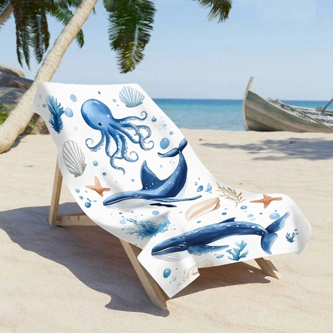 Microfiber Beach Towel Watercolor Marine Life Whale Octopus Print Quick Dry Absorbent Large Bath Towel For Swimming Outdoor Yoga