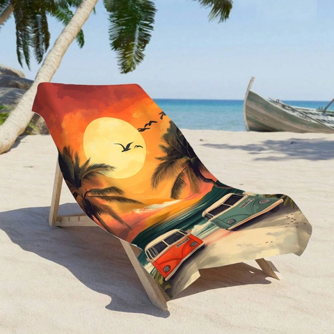 Microfiber Beach Towel Retro Sunset Palm Tree Vintage Van Printed Quick Dry Absorbent Sand Free Travel Bath Towel For Camping Swimming
