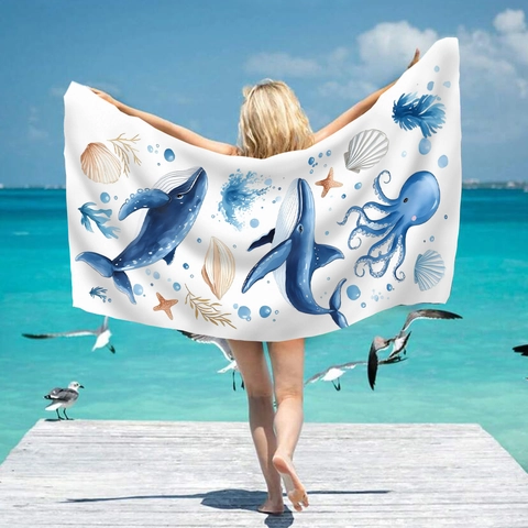Microfiber Beach Towel Watercolor Marine Life Whale Octopus Print Quick Dry Absorbent Large Bath Towel For Swimming Outdoor Yoga