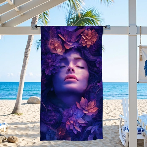 Traumhaftes Lila Mädchengesicht Blumenmuster Mikrofaser Strandtuch Super Absorbierend Schnelltrocknend Badetuch Für Schwimmen Sport