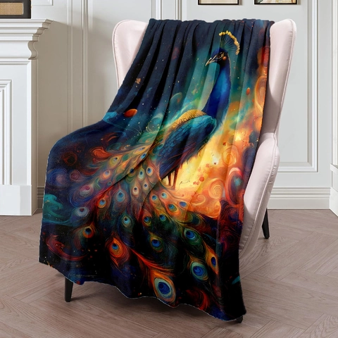 Peacock Universe Galaxy Print Flannel Blanket Soft Warm Double Sided Fleece Throw Blanket For Sofa Couch Living Room Home Decoration
