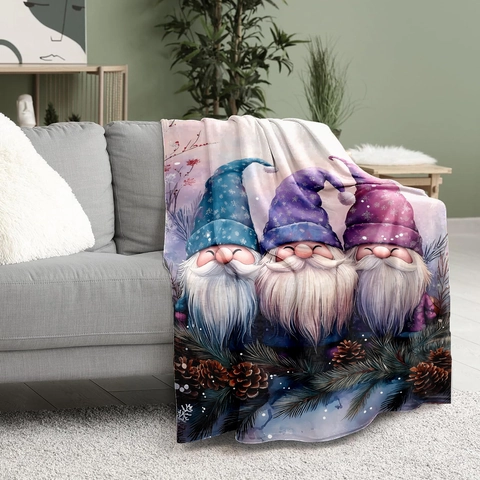 Christmas Gnome Flannel Fleece Blanket Soft Polyester Throw For Couch Sofa Three Gnomes Pine Cone Digital Printed Nap Blanket