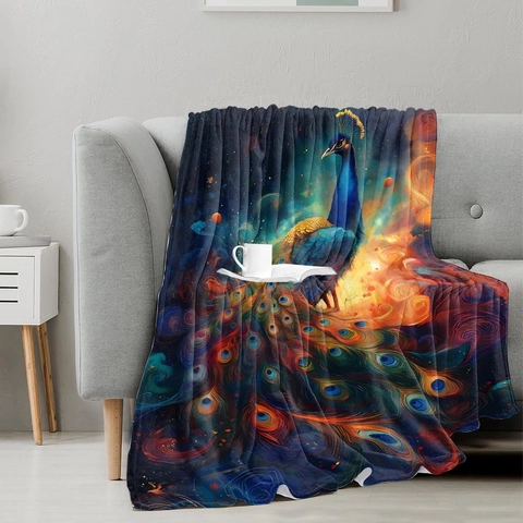 Peacock Universe Galaxy Print Flannel Blanket Soft Warm Double Sided Fleece Throw Blanket For Sofa Couch Living Room Home Decoration