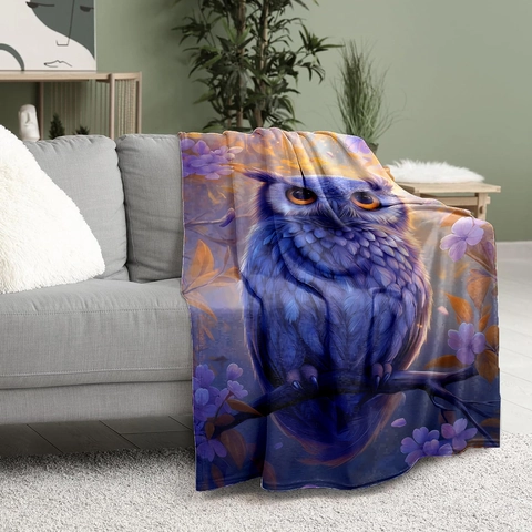 Künstlerische Lila Eule Blumenmuster Flanelldecke Weich Warm Polyester Kuscheldecke Für Sofa Bett Couch Nickerchen Dekor